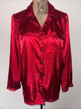 PINK  Sz S Silky Red Polka Dot Button-Front Sleep Shirt